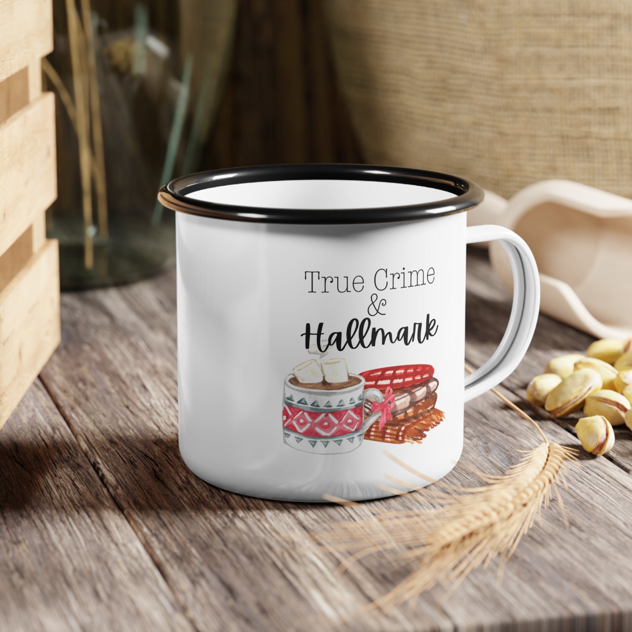 True Crime & Hallmark Enamel Camp Cup - Cozy Drinkware for Crafters & Fans, Perfect Gift for Holidays, Camping, Movie Nights