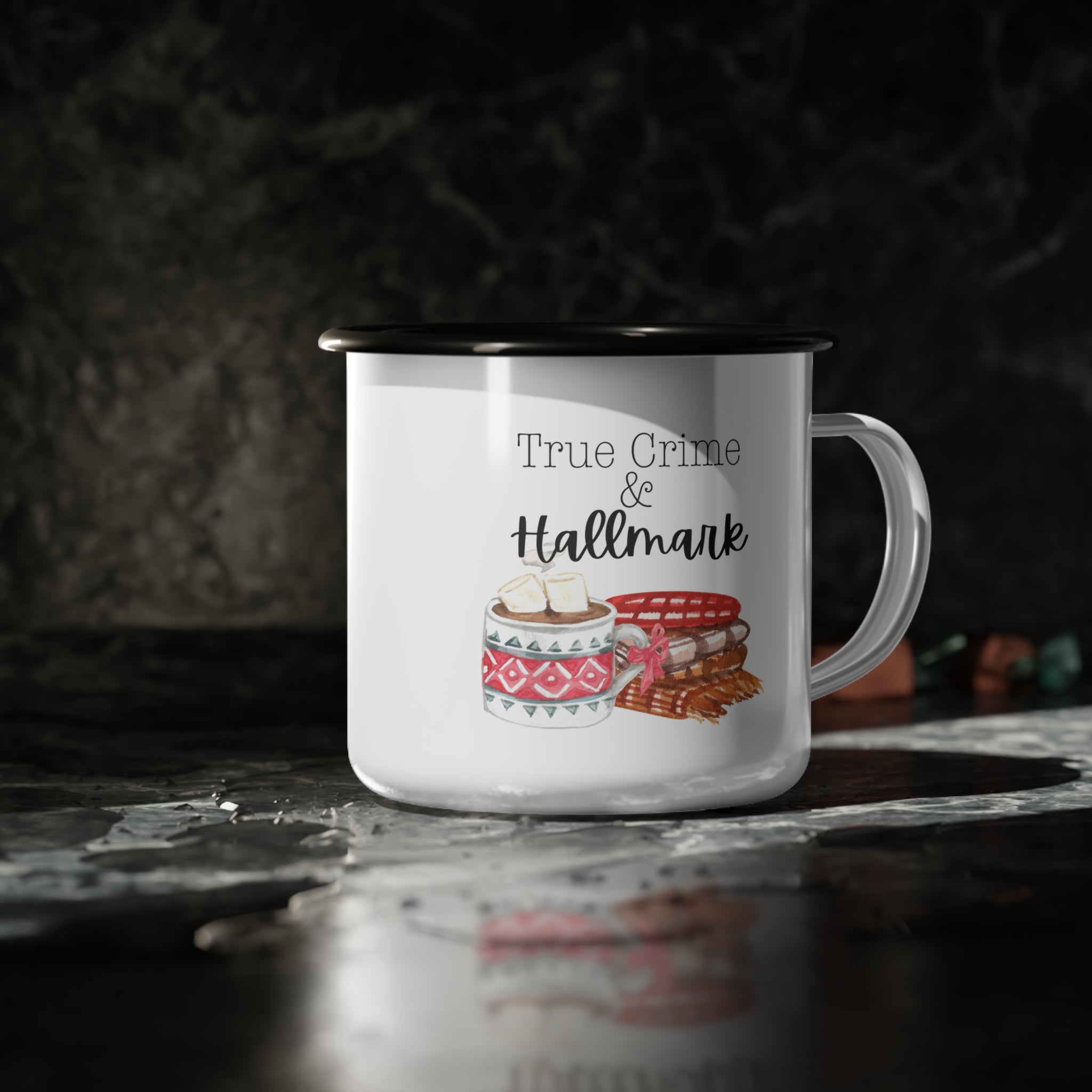 True Crime & Hallmark Enamel Camp Cup - Cozy Drinkware for Crafters & Fans, Perfect Gift for Holidays, Camping, Movie Nights