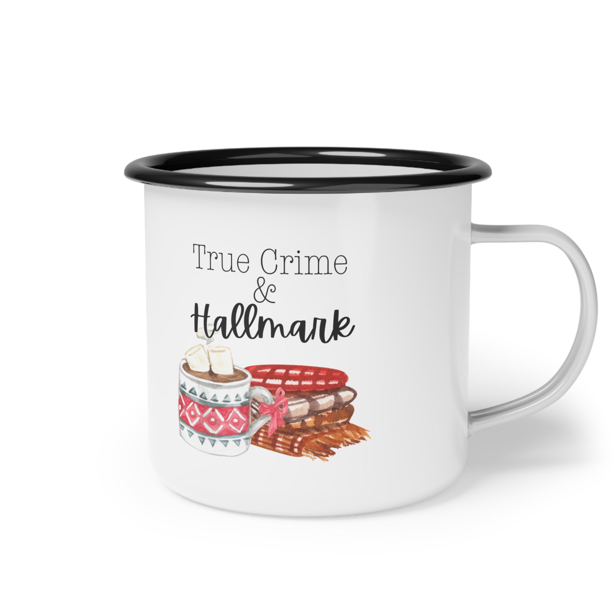 True Crime & Hallmark Enamel Camp Cup - Cozy Drinkware for Crafters & Fans, Perfect Gift for Holidays, Camping, Movie Nights