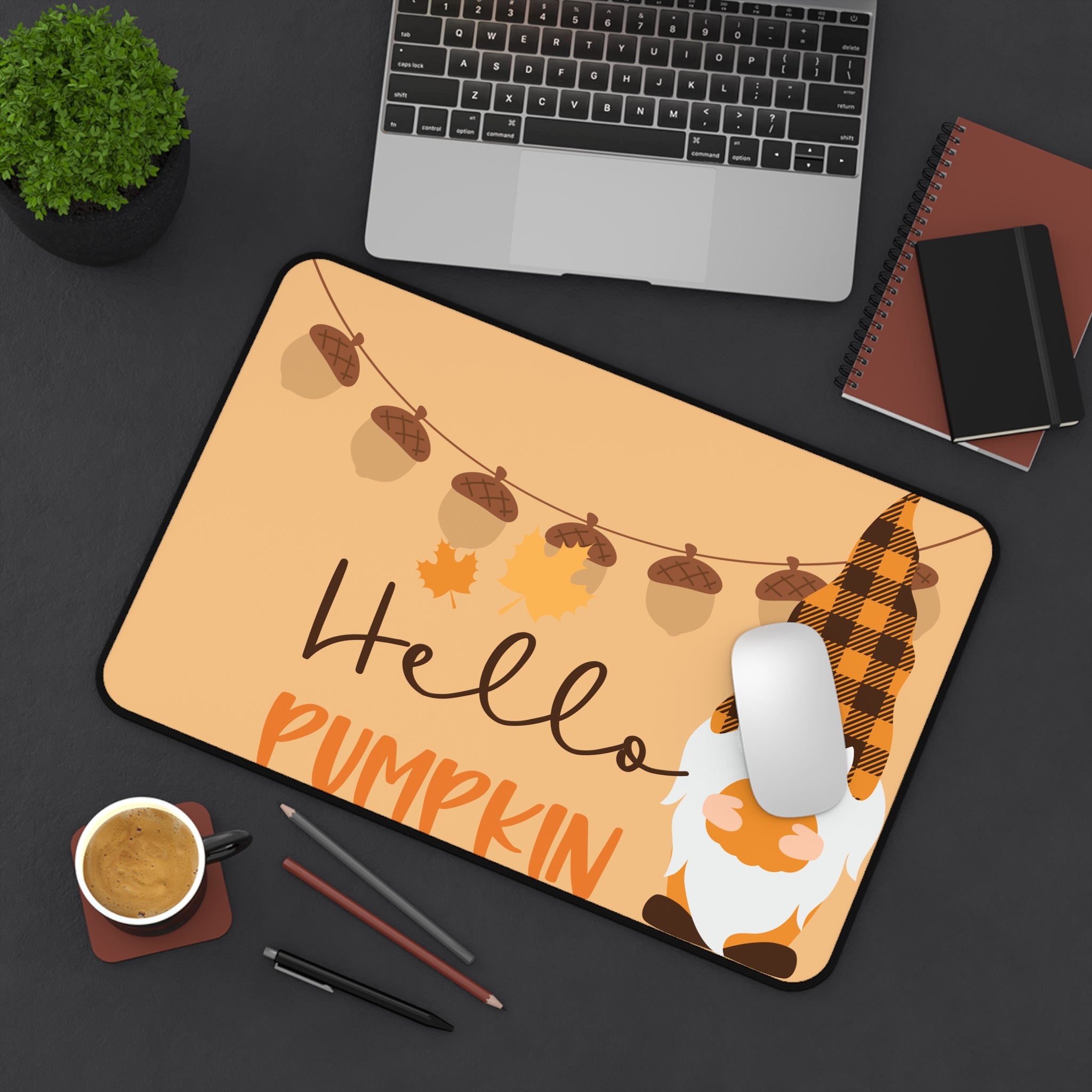 Autumn Gnome Desk Mat - Hello Pumpkin Design, Perfect for Home Office, Fall Decor, Workstation Upgrade, Seasonal Gift